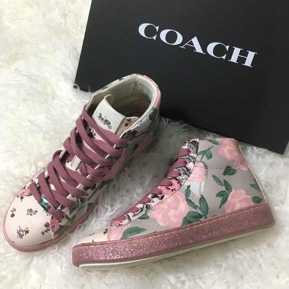 Coach 🐎 Floral Pink Shimmer Genuine Leather High Top Shoes - Picture 1 of 7
